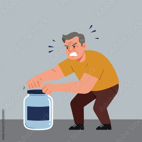 Frustrated man struggles to open a tight jar, showing strain and effort