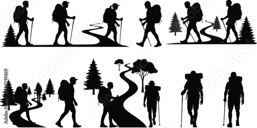 Silhouette of hikers walking on forest path with backpack, trekking adventure illustration, mountain exploration, outdoor travel and wilderness journey design