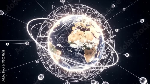 A futuristic depiction of Earth surrounded by glowing connections and orbits