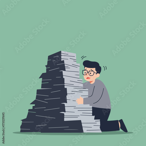 Overwhelmed employee kneels next to a massive pile of papers
