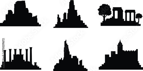 Ancient architecture silhouette icons, historical ruins, temples, ziggurat, fortress, classical columns, cultural heritage, archeology monuments, medieval tower illustration