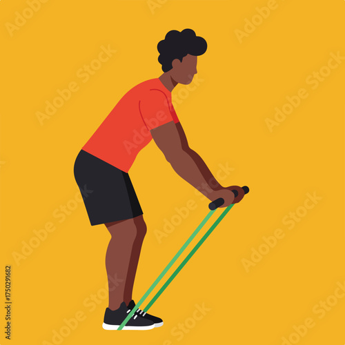 Person exercising with resistance bands, orange background