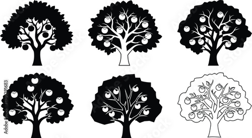 Apple tree silhouettes, black tree outlines, orchard fruit design, isolated vector illustration, botanical foliage art, abstract plant elements, diverse apple trees