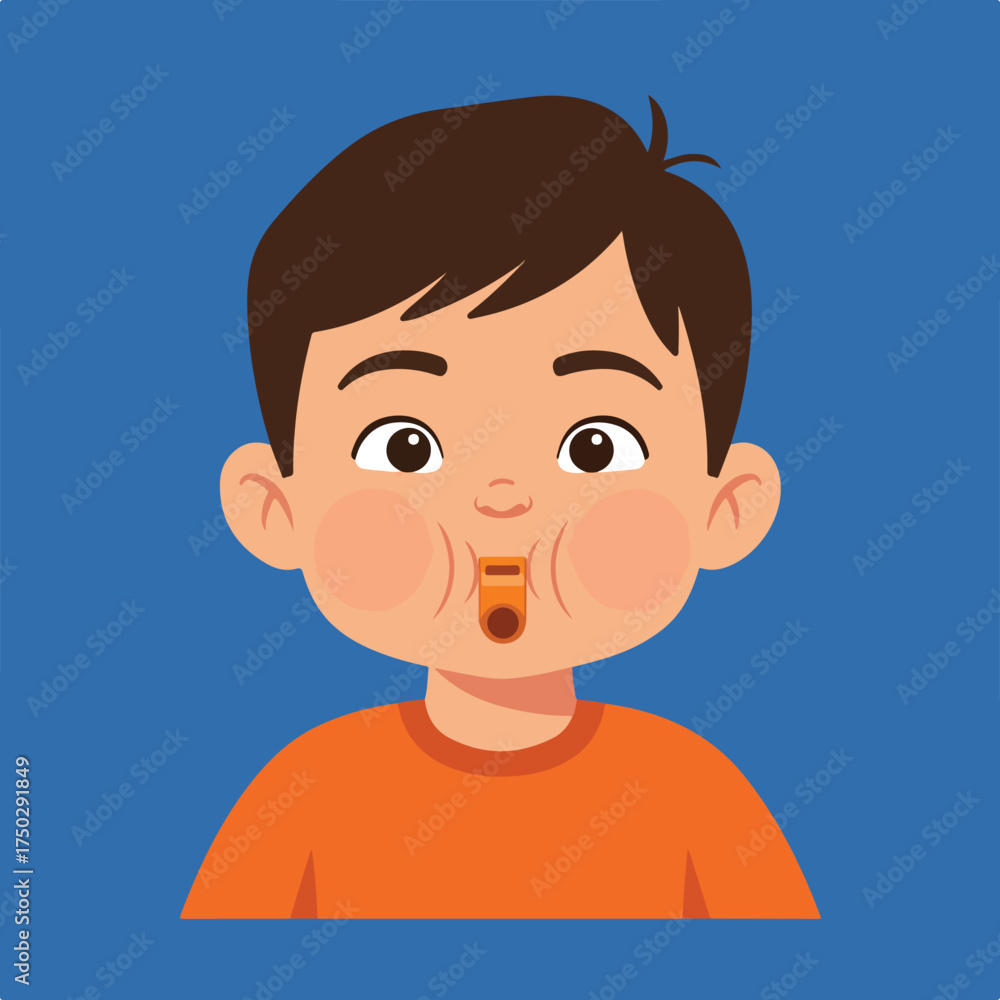 Obraz premium Cartoon boy with puffed cheeks and whistle