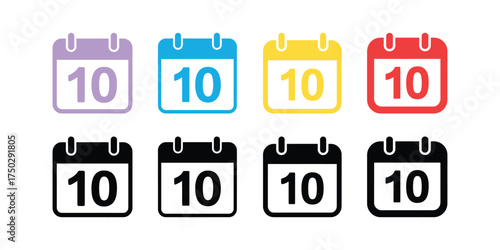 Colorful Set of Calendar Icons Showing the Tenth Day on White Background Iconography