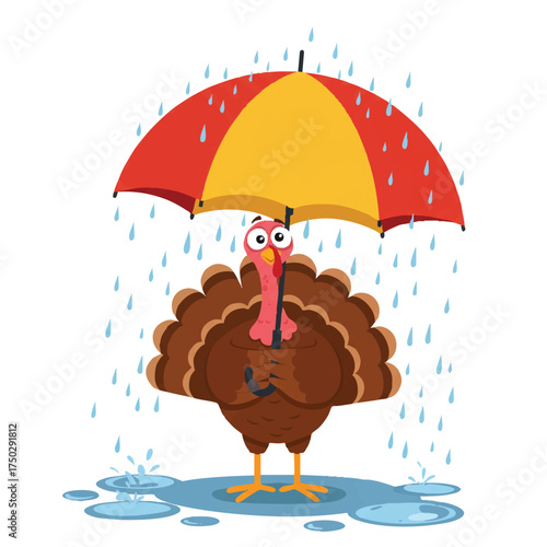 A humorous turkey, looking flustered as it holds an oversized umbrella under a gentle spring rain shower with puddles, is depicted in a vibrant 2D flat vector illustration with clean outlines.