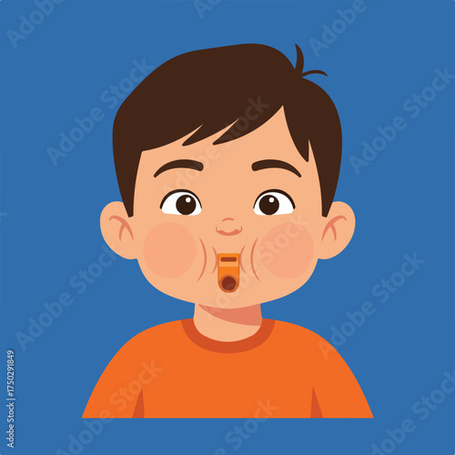 Cartoon boy with puffed cheeks and whistle