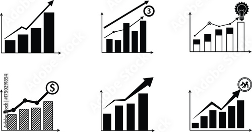 Black and white business growth charts, bar graph illustrations, upward arrow icons, financial success, innovation idea, productivity progress, strategy vector art