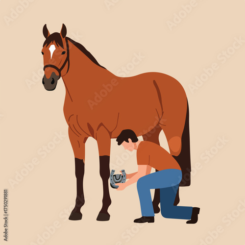 A person kneels to attach a horseshoe to a brown horse's hoof