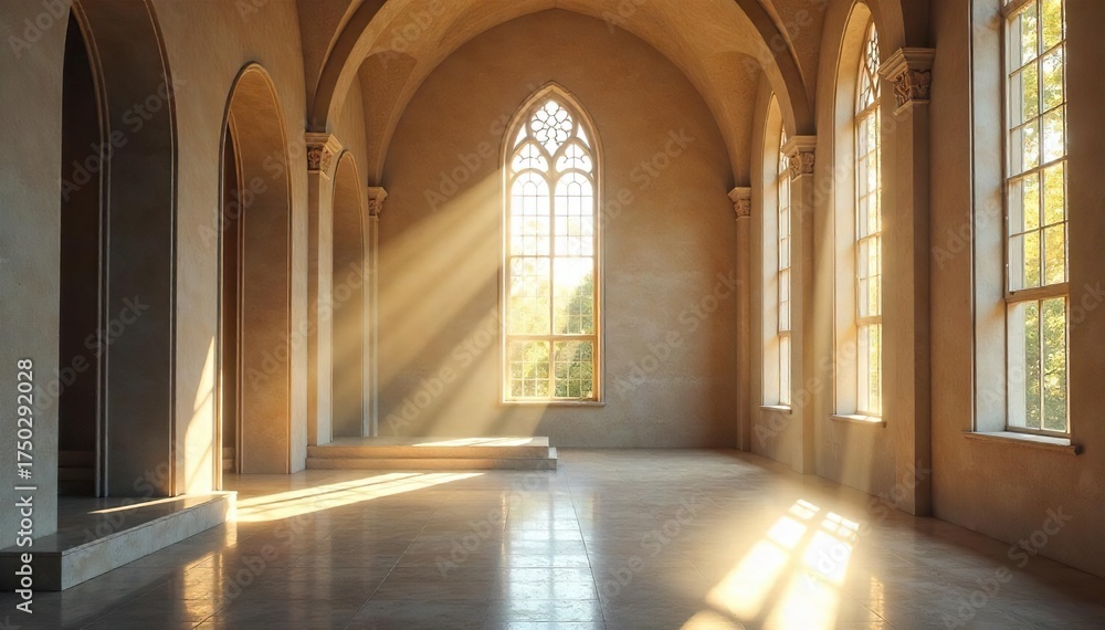 Obraz premium Serene Sunlight Illuminates Minimalist Chapel Dust Motes Dance in Peaceful Contemplation