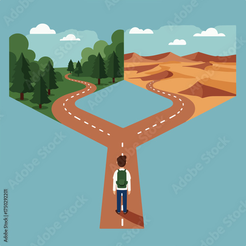 Person at a crossroads, choosing between a lush forest and arid desert path