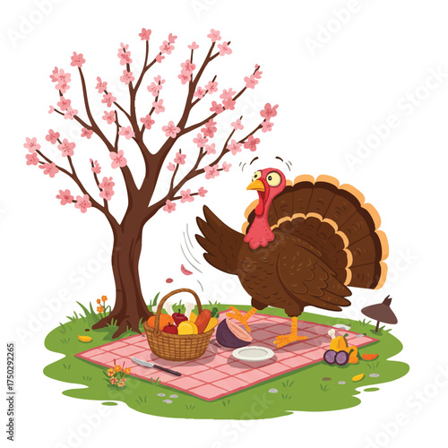A funny turkey has a disastrous spring picnic under a blossoming tree, accidentally knocking over its food basket with a bewildered look in this vibrant 2D flat vector illustration.
