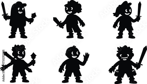 Black silhouette cartoon warriors, fantasy characters with swords and maces, battle poses, action adventure, heroic fighters, gaming illustration, vector art