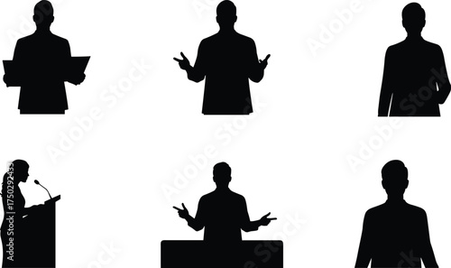 Black silhouette speaker icons, public speaking illustrations, presentation poses, podium microphone, business communication, conference lecture, professional discussion, education vector art