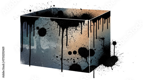 Artistic Box Splatter: A gritty, abstract illustration captures a box coated in splatters of dark color, offering a visual interplay of texture and form.