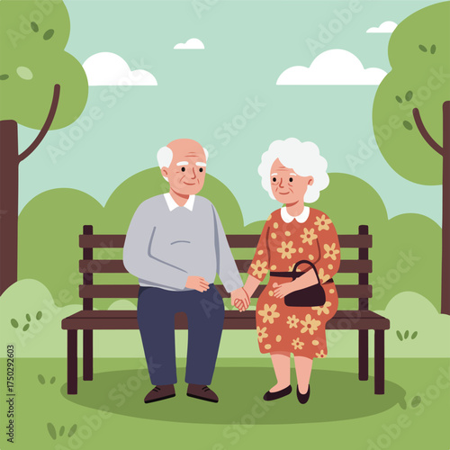 Elderly couple holding hands on park bench, enjoying a peaceful day