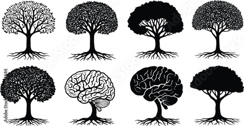 Brain tree silhouette, conceptual vector artwork, knowledge growth design, nature and mind illustration, symbolic tree with roots, botanical artwork
