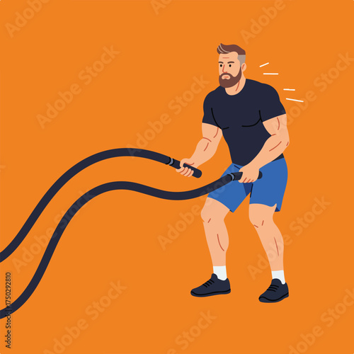 Muscular man with beard exercising with battle ropes, orange background