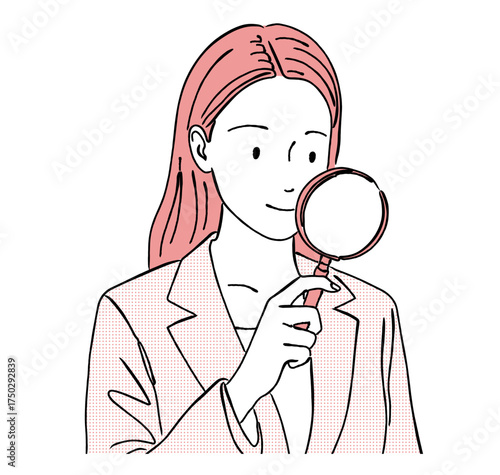 虫眼鏡（ルーペ）を持ってこちらを見る女性ビジネスマンの線画イラスト,調査,分析,検索,発見