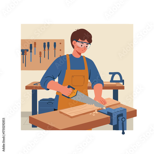 Young person in apron and goggles saws wood at workbench