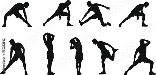 Silhouette of man stretching body in different fitness poses, workout exercise positions, flexibility training, and athletic warm-up routine illustration