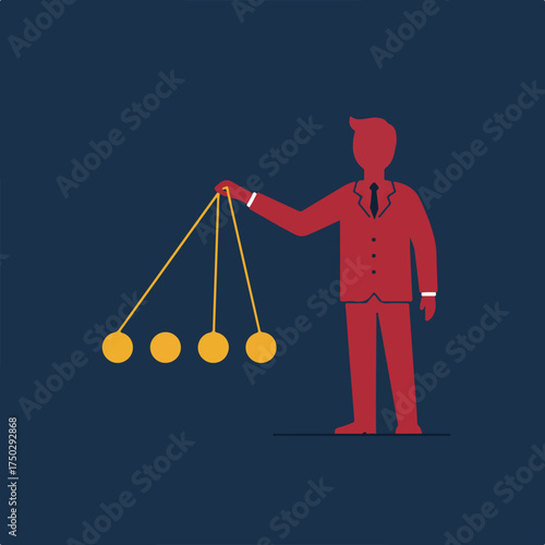 Person in red suit holding Newton's cradle, symbolizing momentum and action