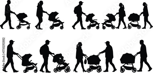 Silhouette of parents walking with baby strollers, family lifestyle, childcare, parenting, and outdoor activity concept on white background