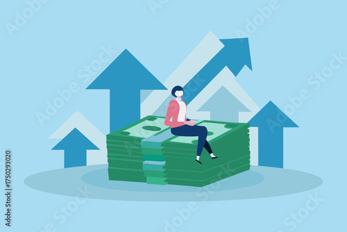Woman sitting on stack of money with upward trending arrows symbolizing financial growth and success