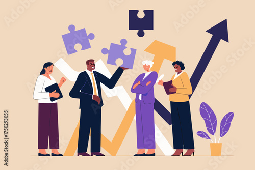 Diverse business team collaborating on a growth strategy with puzzle pieces and upward trending graph