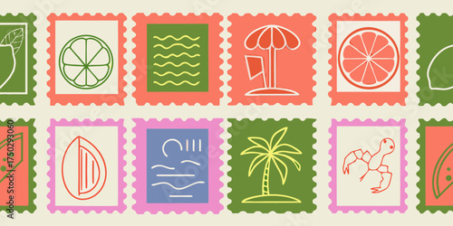 Retro summer vacation postage stamps featuring fruits beach umbrella palm tree and sea creatures
