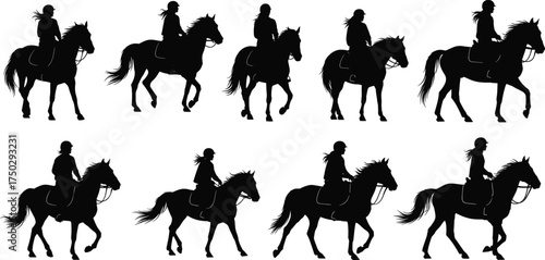 Silhouette of people riding horses in motion, equestrian art illustration, horseback riding design, animal sport, outdoor adventure and nature concept