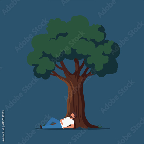 Peaceful man resting against a large tree trunk under a dark blue sky