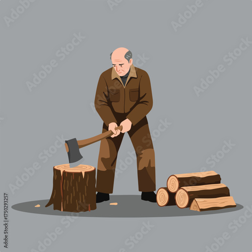 Bald man with grey hair chops wood with axe, stacked logs nearby