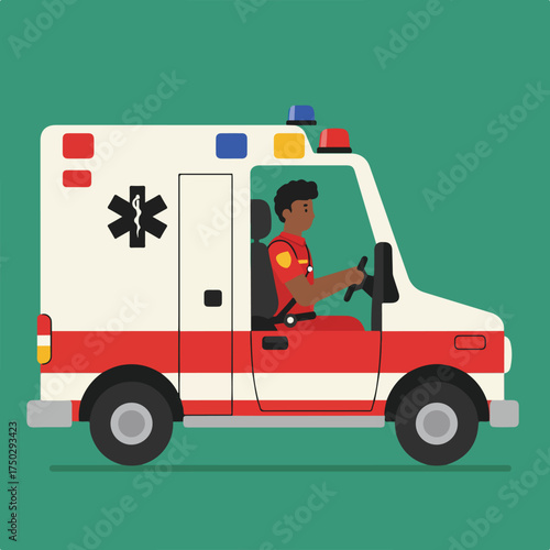 Illustration of a paramedic driving an ambulance, with star of life emblem