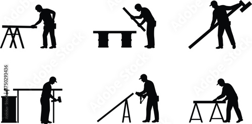 Carpentry silhouette icons, woodworking tools, people building with lumber, hammer and saw, construction work, manual labor, craft workshop illustration