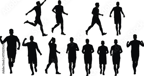 Silhouette of running and jumping football players showing energy, movement, strength, fitness, and teamwork concept isolated on white background