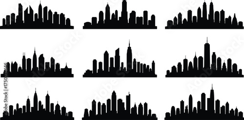 City skyline silhouette icons, urban landscape, skyscraper buildings, modern architecture, downtown design, metropolitan horizon, night cityscape, urban planning illustration