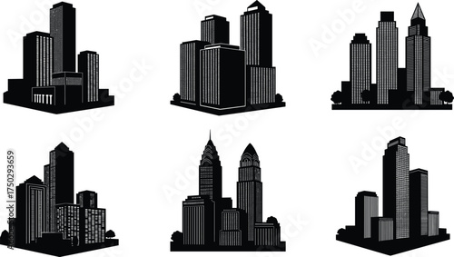 City skyline silhouettes, urban architecture icons, modern skyscraper vector, downtown buildings, cityscape illustration, metropolitan design, real estate skyline, urban planning concept
