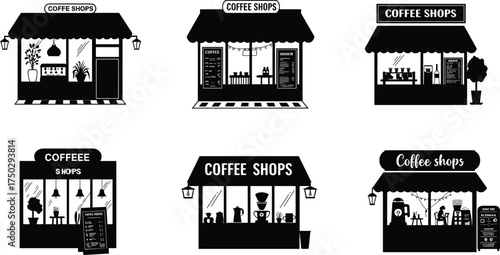 Coffee shop silhouettes, café storefront, barista counter, coffee cup icon, urban café design, restaurant exterior, beverage shop, street café illustration