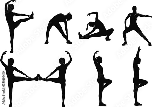 Silhouette of woman doing yoga and stretching exercises, flexibility workout, balance training, fitness poses, healthy lifestyle and body movement illustration
