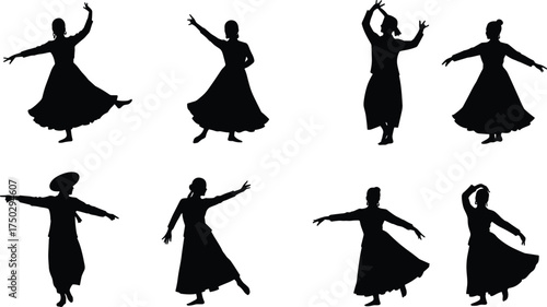 Dance silhouette icons, cultural dancer poses, flowing costume movement, traditional performance, expressive choreography, stage art, artistic expression, classical dance illustration
