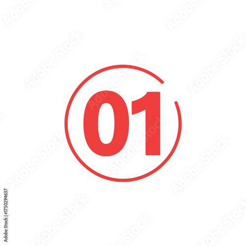 Red Number Zero One in a Circle Outline on a White Background Minimalist Style