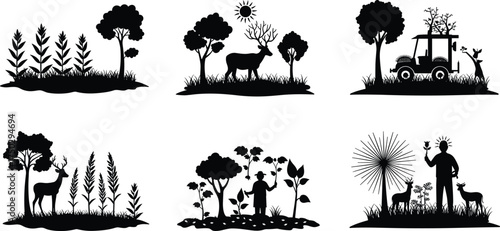 Deer silhouette collection, wildlife with trees, people and nature, farming tractor, sunburst design, environmental conservation, harmony illustration, forest landscape art
