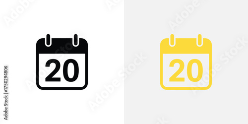Simple Calendar Day 20 Icon Set in Yellow and Black on Isolated Background