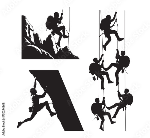 Silhouette of Climbers and Rappelling Adventure – Mountain Climbing Vector Art.