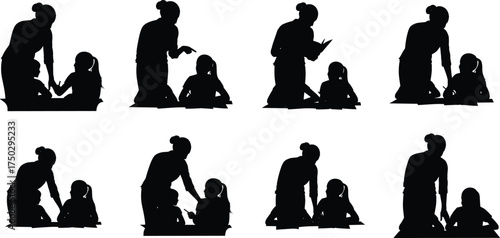 Teacher guiding child in reading and learning, parent teaching daughter homework, education support silhouette illustration for school and study design