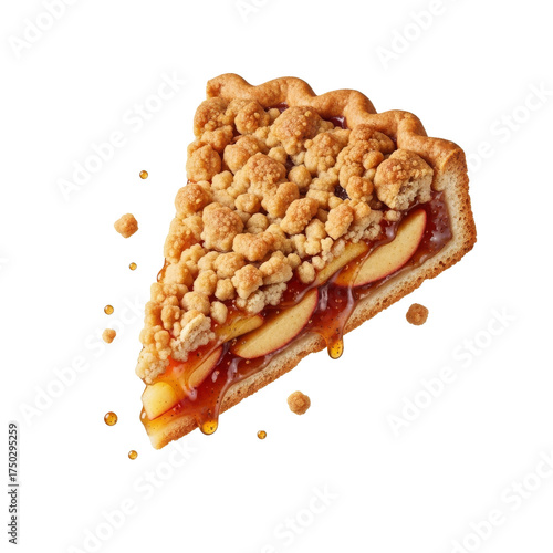 Slice of apple pie flying in air, no background, ultra-realistic crumb texture.