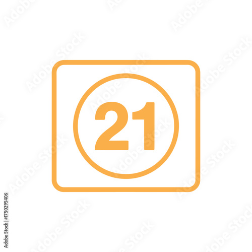 TwentyOne in a Circle within Rounded Square, Orange Number 21 on White Background