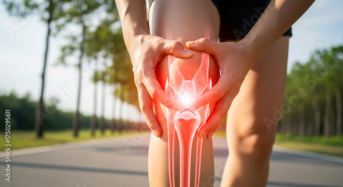 Woman holding her knee in pain with visible bones and red glow effect on knee joint