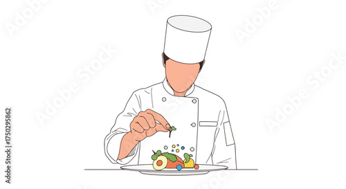 Professional chef meticulously plating a colorful dish with artistic flair, ideal for food blogs, culinary school promotions, or restaurant menu illustrations.
